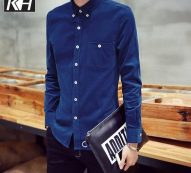 kh spring new men’s shirt fashion casual long-sleeved solid color corduroy shirts turn-down collar shirt 8 colors