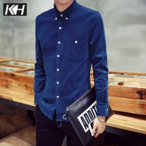 kh spring new men's shirt fashion casual long-sleeved solid color corduroy shirts turn-down collar shirt 8 colors