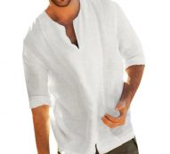 klv men’s shirt cotton blend men’s blouse baggy cotton blend tunic solid color three quarter v neck shirts blouses