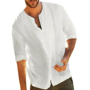 klv men's shirt cotton blend men's blouse baggy cotton blend tunic solid color three quarter v neck shirts blouses