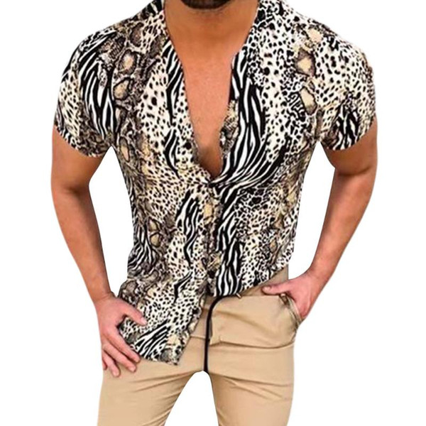 klv men's shirt polyester fiber men's blouse leopard print tees shirt short sleeve drop shipping csv