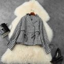 leather european american women’s wear winter style long sleeves and double breasted fashionable plaid tweed coat fyen