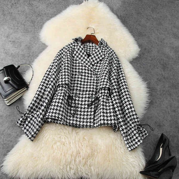 leather european american women's wear winter style long sleeves and double breasted fashionable plaid tweed coat fyen