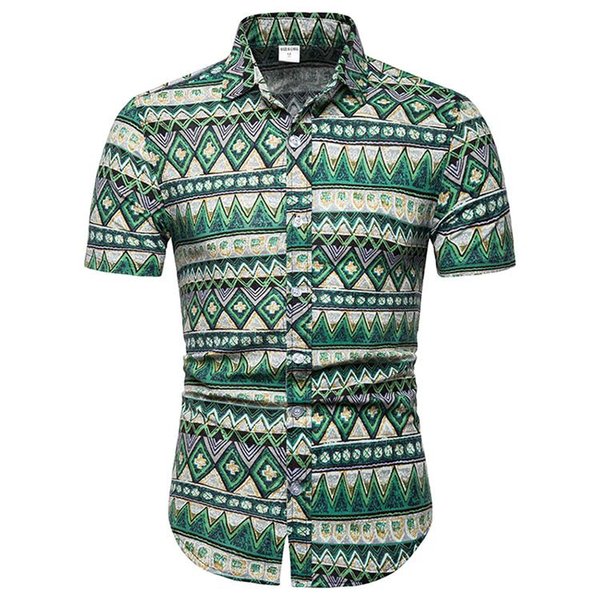 linen shirts men hawaiian shirt mens clothing floral short-sleeved camisa masculina dress slim fit fashion green 2020 new