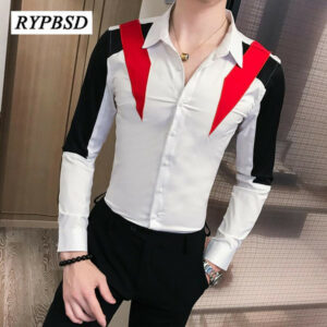 luxury men dress shirts long sleeve spring autumn fashion patchwork slim fit streetwear nightclub party tuxedo shirts for men