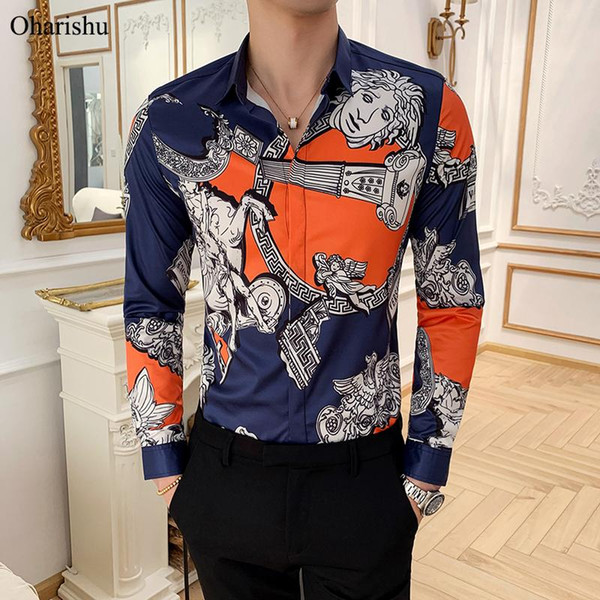 luxury print men's shirt long sleeve casual shirts social slim fit dress mens business shirt prom party shirts camisa masculina