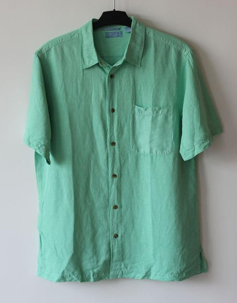 men business shirts solid silk linen similar denim fabric short sleeve shirt loose plus size green