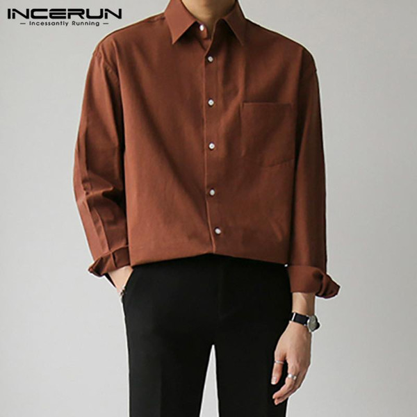 men casual shirt brand turn down collar long sleeve streetwear 2021 solid color korean style camisas men clothing incerun