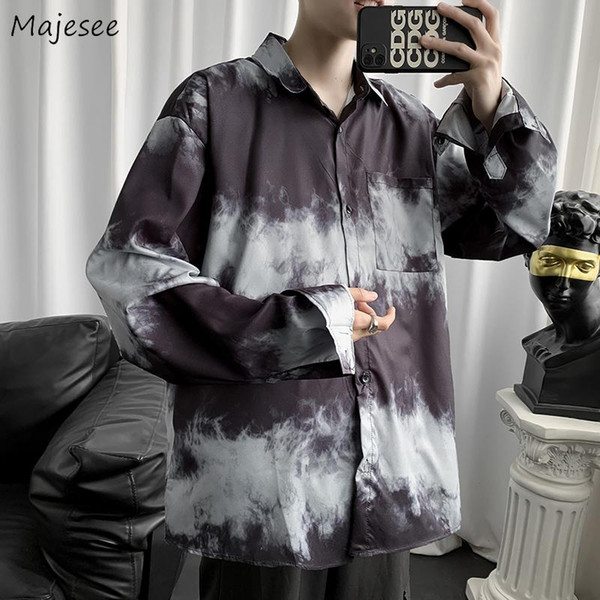 men casual shirts print tie-dye spring vintage harajuku cotton shirt teenager ulzzang loose draped ins streetwear