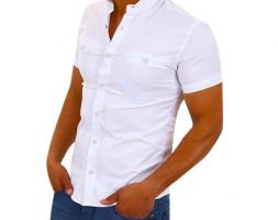 men casual shirts summer solid short sleeve basic shirt blouse solid fit slim stand collar regular clothing cotton 0509