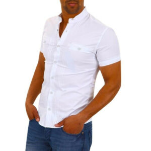 men casual shirts summer solid short sleeve basic shirt blouse solid fit slim stand collar regular clothing cotton 0509