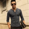 men henley shirt new tee long sleeve stylish slim fit t-shirt button placket casual outwears popular design