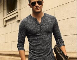 men henley shirt new tee long sleeve stylish slim fit t-shirt button placket casual outwears popular design