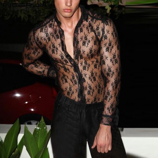 men mesh shirt see through long sleeve lapel button blouse fashion streetwear party nightclub shirts camisas s-5xl incerun