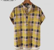 men plaid shirt stand collar short sleeve breathable summer cotton casual hawaiian shirts 2021 button blouse streetwear incerun