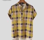 men plaid shirt stand collar short sleeve breathable summer cotton casual hawaiian shirts 2021 button blouse streetwear incerun