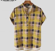 men plaid shirt stand collar short sleeve breathable summer cotton casual hawaiian shirts 2021 button blouse streetwear incerun