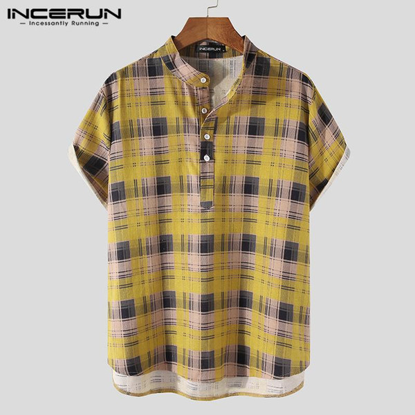 men plaid shirt stand collar short sleeve breathable summer cotton casual hawaiian shirts 2021 button blouse streetwear incerun