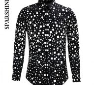 men shirt chemise homme black white square printed slim long sleeve mens dress shirts cotton shirt camisa