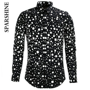 men shirt chemise homme black white square printed slim long sleeve mens dress shirts cotton shirt camisa