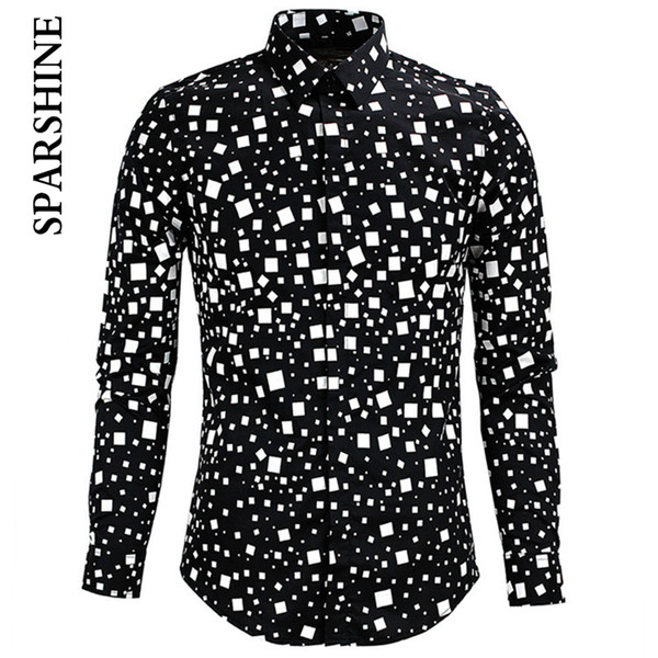 men shirt chemise homme black white square printed slim long sleeve mens dress shirts cotton shirt camisa