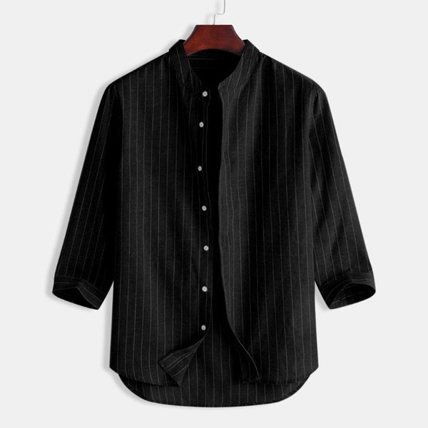 men striped shirt casual stand collar short sleeve linen brand shirt loose streetwear vacation blouse chemise 2020 men shirts