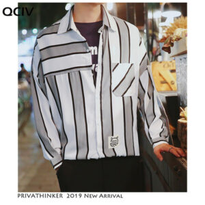 men striped shirts long sleeve mens harajuku streetwear patchwork casual shirt male korean fashion vintage tee