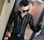 men transparent shirt summer short sleeve shirt camisa hombre stitching stripe see through chemise homme marque
