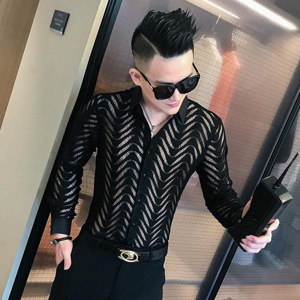 men transparent shirt summer short sleeve shirt camisa hombre stitching stripe see through chemise homme marque