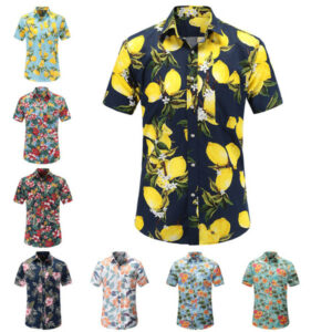 men's beach shirt men's shirt short sleeve hawaiian short sleeve lemon print beach floral print man