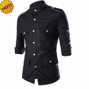 men's casual shirts fashion spring autumn wind gold epaulettes decorations black seven points sleeve shoulder strap m