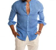 mens casual shirts long sleeve blouse baggy buttons solid summer comfortable cotton casual clothes slim fit vacation men’s shirt1