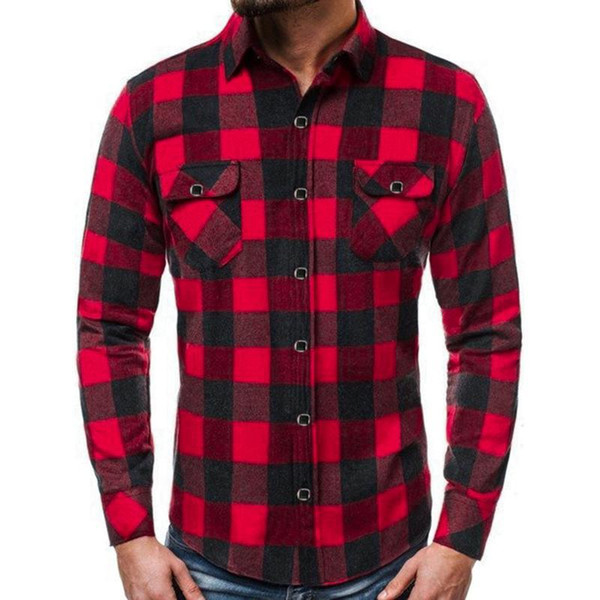 mens dress shirts lapel long sleeve plaid men's shirt social lattice grid blouse red black white