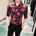 mens dress shirts rose lips print middle sleeve lapel blouse male fashion casual floral shirt summer new 2020