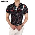 men’s fashion shirt short sleeve floral shirt summer black men’s dress button lapel korean slim wear