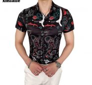 men’s fashion shirt short sleeve floral shirt summer black men’s dress button lapel korean slim wear