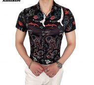 men’s fashion shirt short sleeve floral shirt summer black men’s dress button lapel korean slim wear