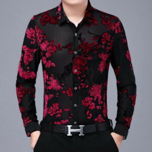 mens floral shirt 2021 long sleeve slim velvet shirt men clothing camisa business party prom red blue flower