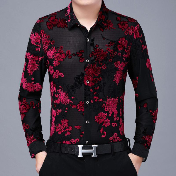 mens floral shirt 2021 long sleeve slim velvet shirt men clothing camisa business party prom red blue flower