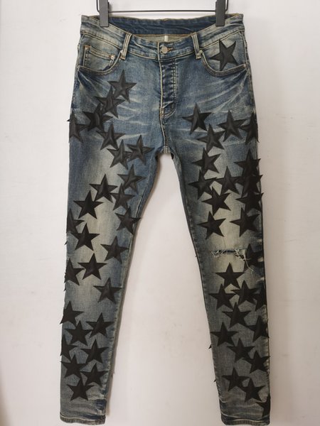 mens jeans pants long skinny leather five-pointed star destroy the quilt ripped hole fashion designer jean men designers clothes