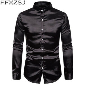 mens satin shirts shiny silk casual slim fit wedding tuxedo shirt 2020 fashion mandarin collar shirt men business camisa social