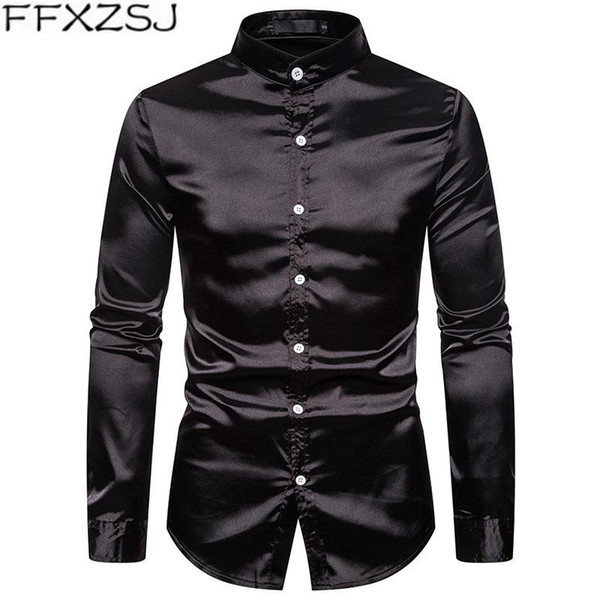 mens satin shirts shiny silk casual slim fit wedding tuxedo shirt 2020 fashion mandarin collar shirt men business camisa social