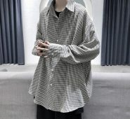 men’s shirt 2021 autumn new slim solid color plaid print long sleeve shirt loose casual lapel personality youth men’s wear