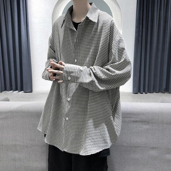 men's shirt 2021 autumn new slim solid color plaid print long sleeve shirt loose casual lapel personality youth men's wear