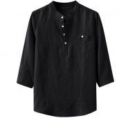 men’s shirt baggy cotton linen solid summer three quarter sleeve blouse pocket stand collar shirts men camisa masculina