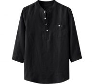 men’s shirt baggy cotton linen solid summer three quarter sleeve blouse pocket stand collar shirts men camisa masculina