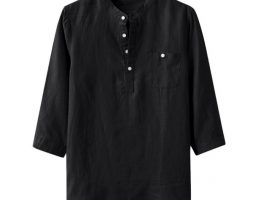 men’s shirt baggy cotton linen solid summer three quarter sleeve blouse pocket stand collar shirts men camisa masculina