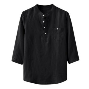 men's shirt baggy cotton linen solid summer three quarter sleeve blouse pocket stand collar shirts men camisa masculina