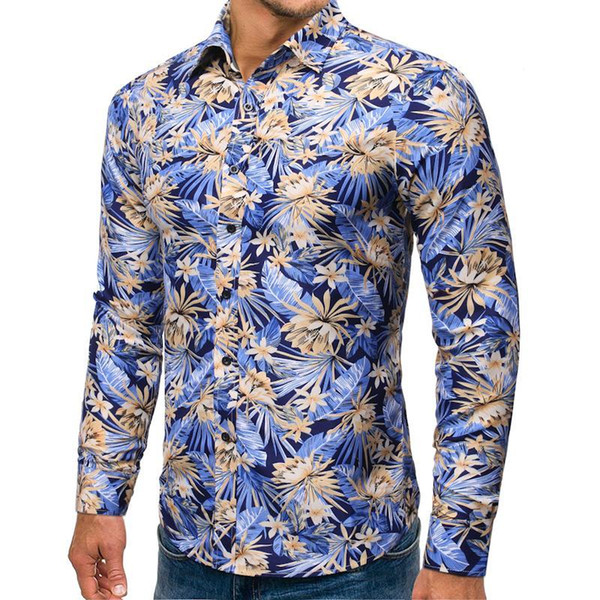 men's shirt hawaiian long sleeve flower printed casual floral shirt for male fashion blouse men green yellow new