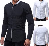 men’s shirt long sleeve stand collar contrast cardigan shirt casual patchwork youth fashion slim type